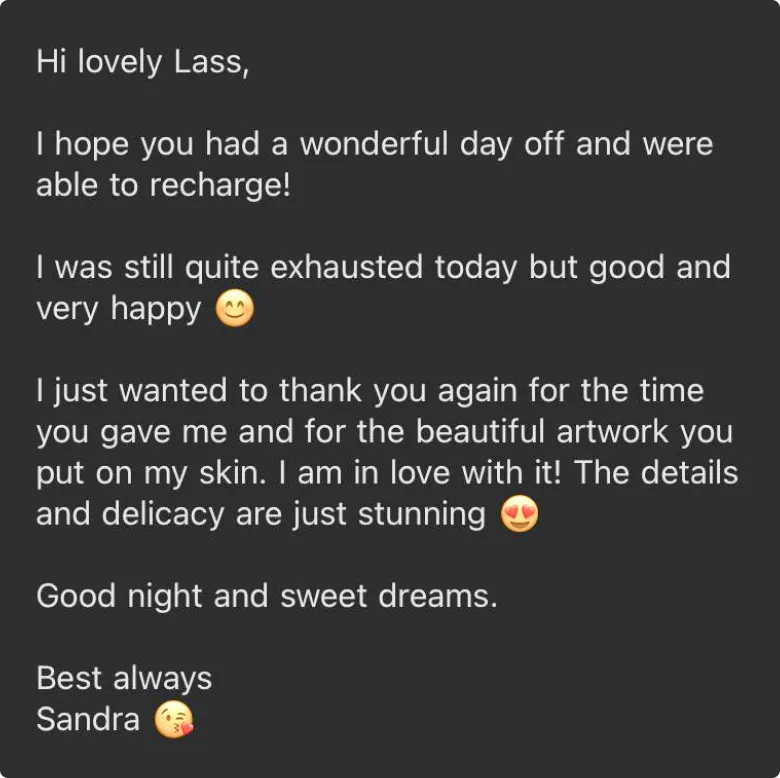 A happy review from Sandra on tattoo art