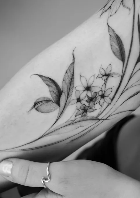 Botanical tattoo on arm made by tattoo artist from Hamburg Nilou